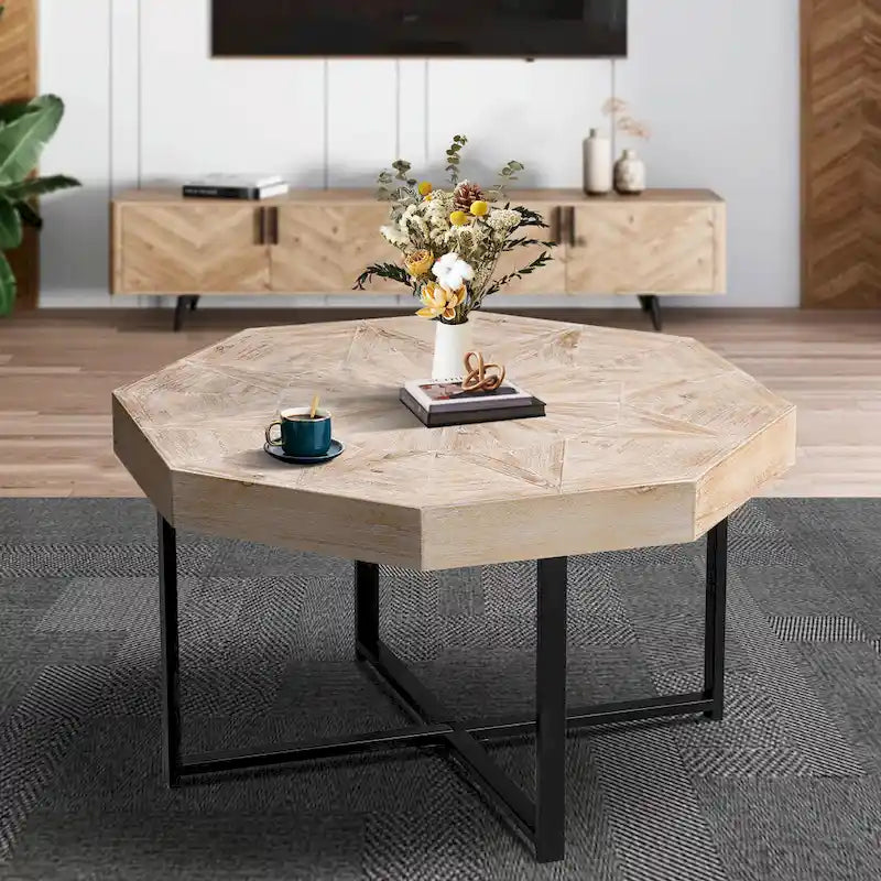30-Zoll-Couchtisch aus Holz, achteckig, Vintage-Patchwork