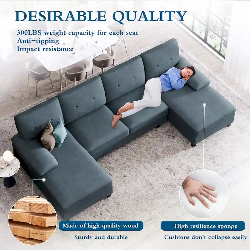 4-Sitzer U-förmiges Leinen Sektionssofa Couch für das Wohnzimmer