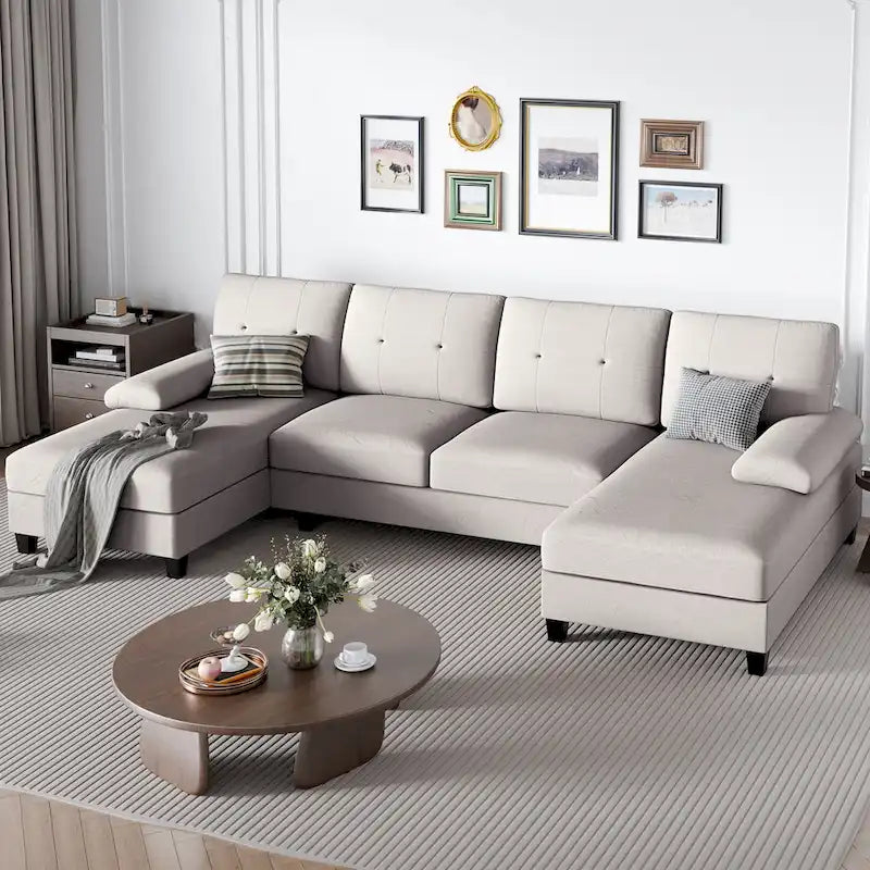 4-Sitzer U-förmiges Leinen Sektionssofa Couch für das Wohnzimmer