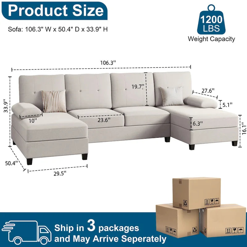 4-Sitzer U-förmiges Leinen Sektionssofa Couch für das Wohnzimmer
