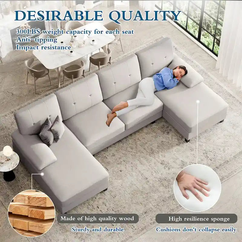 4-Sitzer U-förmiges Leinen Sektionssofa Couch für das Wohnzimmer