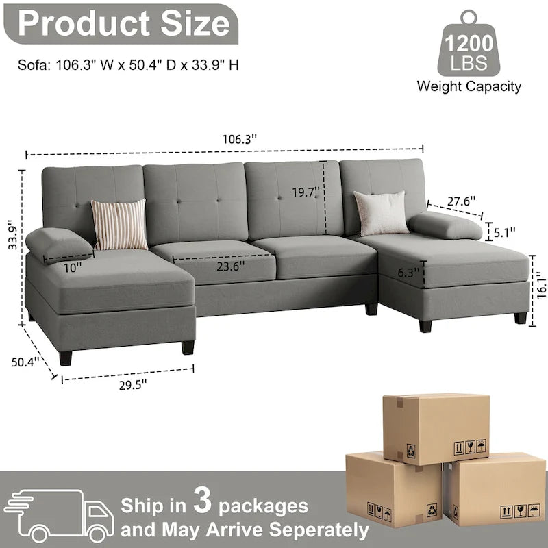 4-Sitzer U-förmiges Leinen Sektionssofa Couch für das Wohnzimmer