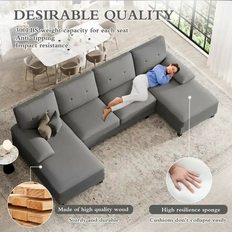 4-Sitzer U-förmiges Leinen Sektionssofa Couch für das Wohnzimmer