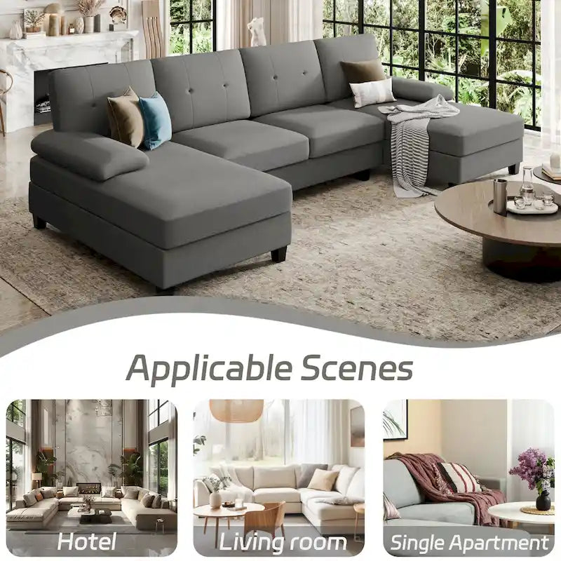 4-Sitzer U-förmiges Leinen Sektionssofa Couch für das Wohnzimmer