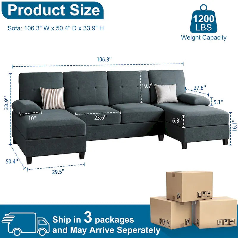 4-Sitzer U-förmiges Leinen Sektionssofa Couch für das Wohnzimmer