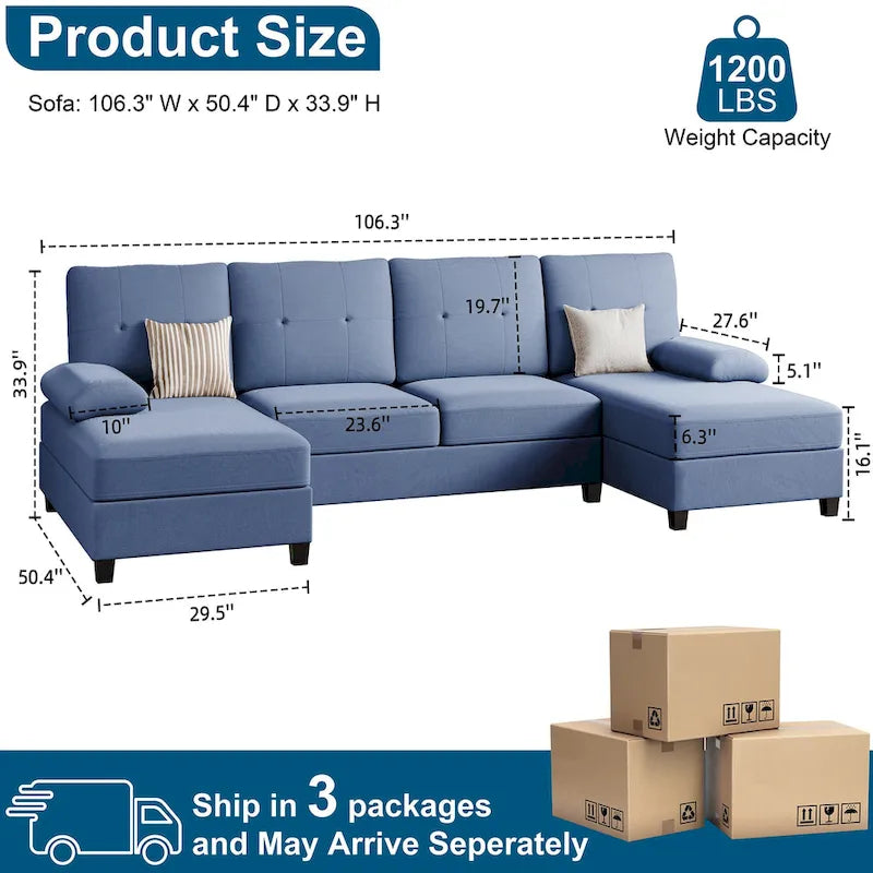 4-Sitzer U-förmiges Leinen Sektionssofa Couch für das Wohnzimmer