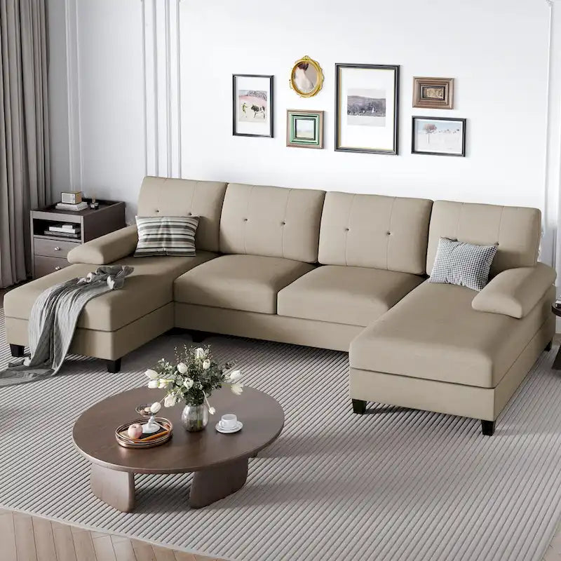 4-Sitzer U-förmiges Leinen Sektionssofa Couch für das Wohnzimmer