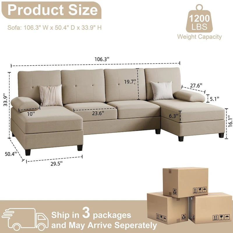 4-Sitzer U-förmiges Leinen Sektionssofa Couch für das Wohnzimmer